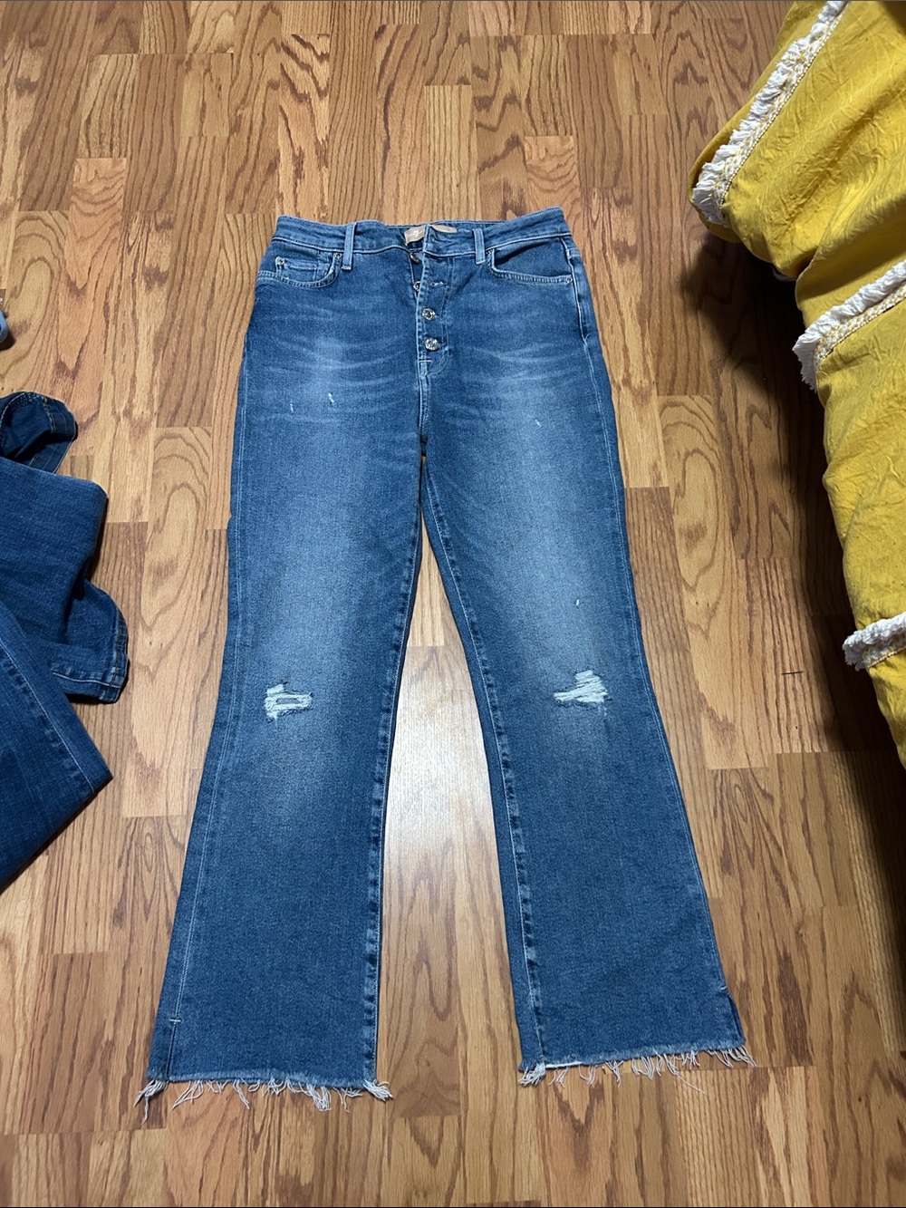 7 For All Mankind Distressed Medium Blue High-Rise Flare Jeans